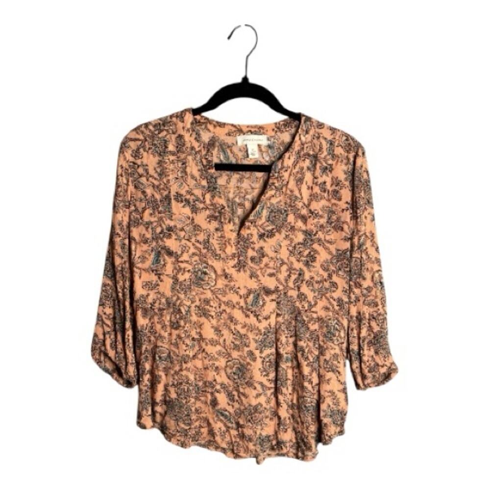 Vintage America Tan Floral V Neck Boho Blouse Medium